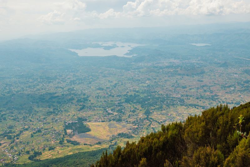 Scenic view of Kisoro Town seen from Mount Muhabura in the Mgahinga Gorilla National Park, Uganda