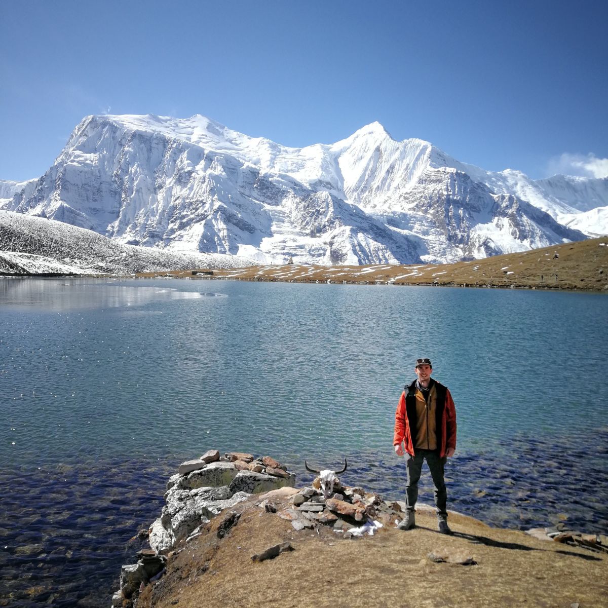 Nepal mountain scene and hiker