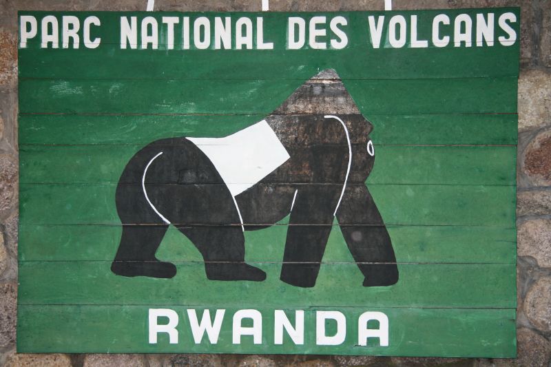 Entrance sign to Parc National des Volcans (Volcanoes National Park) to view Mountain Gorillas, Rwanda
