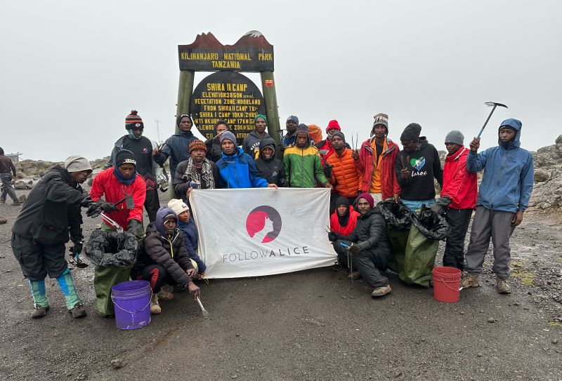 Kilimanjaro Follow Alice crew group photo at Shira 2 Camp on 2023 cleanup