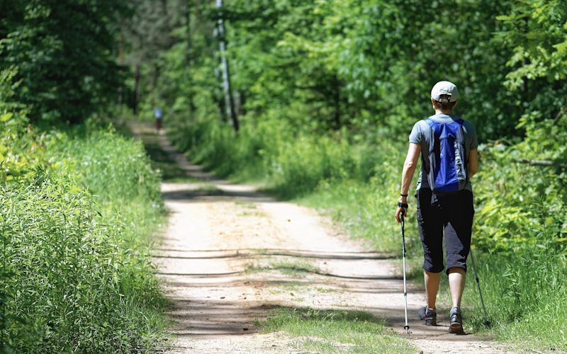 Man backpacker on dirt road walking with trekking poles