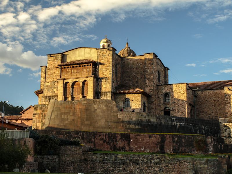 View up towards facade of Coricancha in Cusco, Peru
