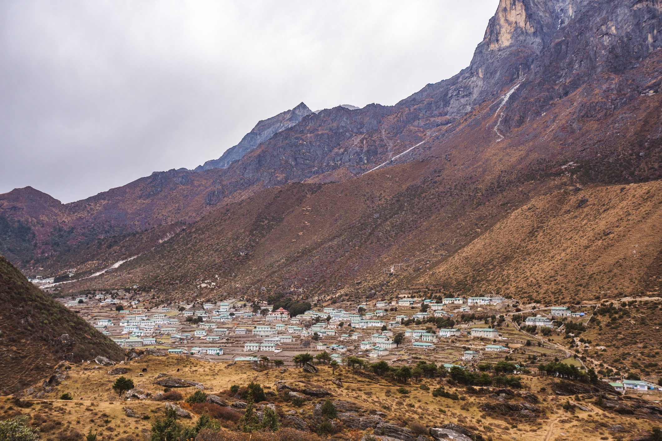 Distant view of Khunde village in Himalayas of Nepal
