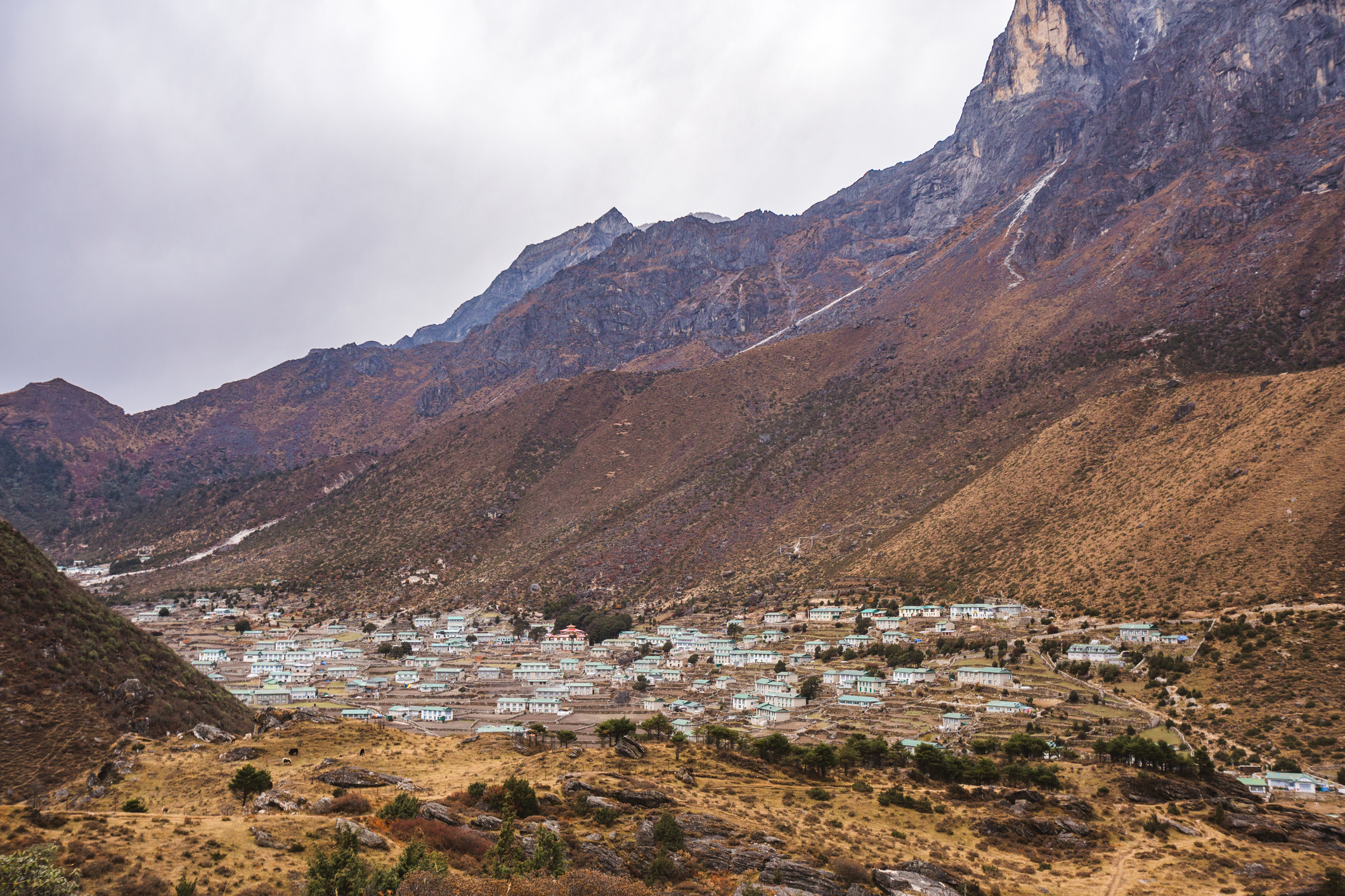 Distant view of Khunde village in Himalayas of Nepal
