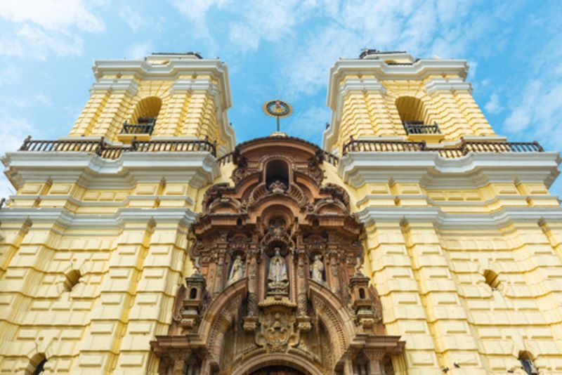 San Francisco basilica and convent facade in baroque style, Lima, Peru. 