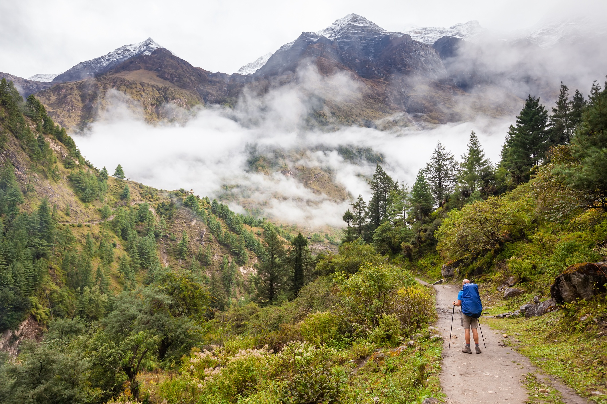 Hiker in highlands of Himalayas on Manaslu Circuit