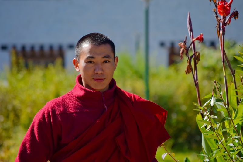 Buddhist monk and canna, Bhutan