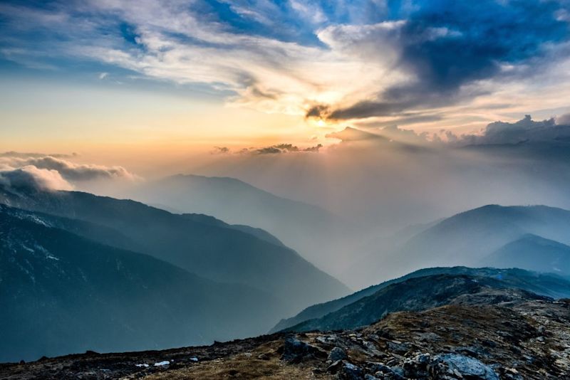 The sunset on the Annapurna Circuit trek in Nepal