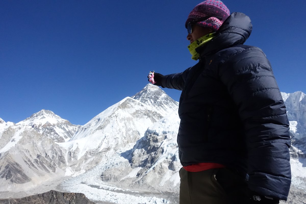 Marco holding toy above Mt Everest, EBC trek, Nepal
