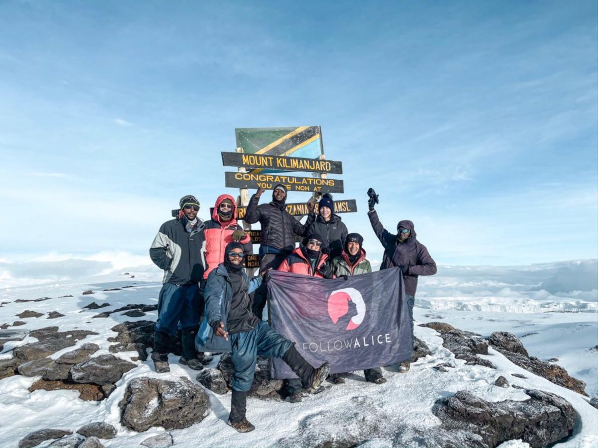 Group photo at snowy summit of Kilimanjaro, train for Kilimanjaro
