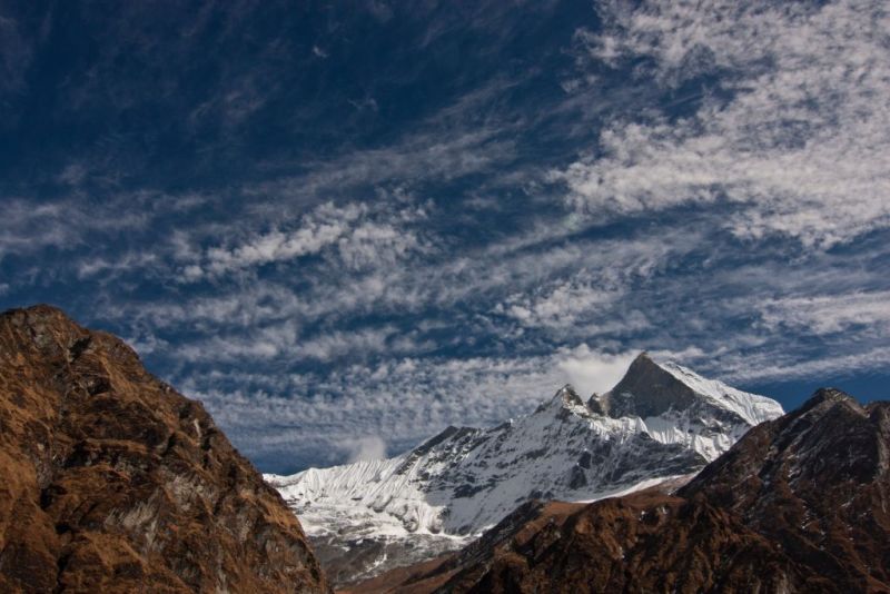Blue skies and snow capped peaks on the Annapurna Circuit route.