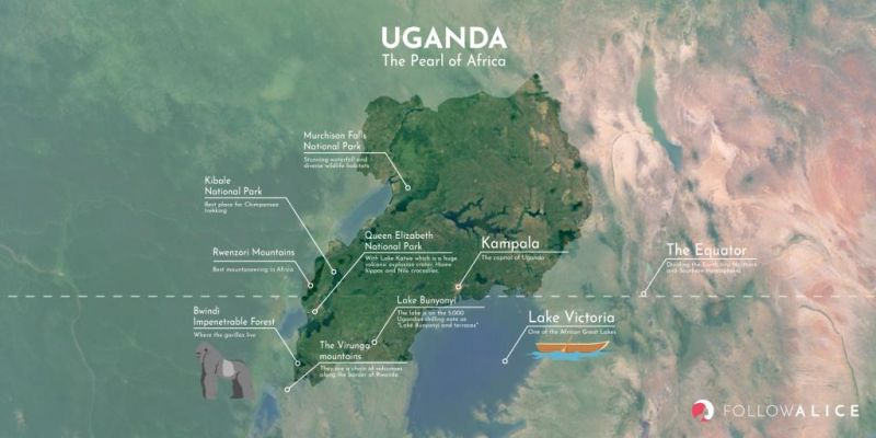 Follow Alice map of Uganda with some popular destinations indicated