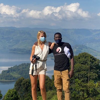 Client wears coronavirus in Uganda overlooking lake Bunyonyi