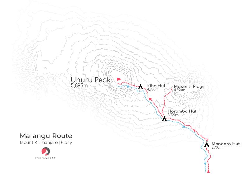 Updated map of 6-day Marangu route on Kilimanjaro 