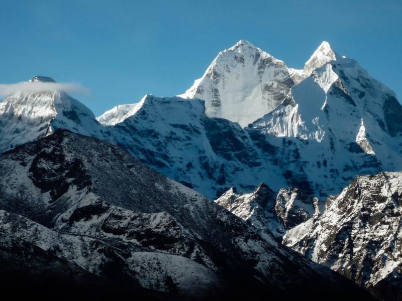 Snow-capped mountain peaks on Everest Base Camp trek