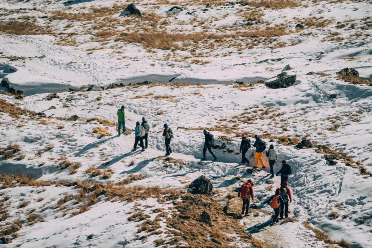line of trekkers walking in snow, Everest Base Camp packing list