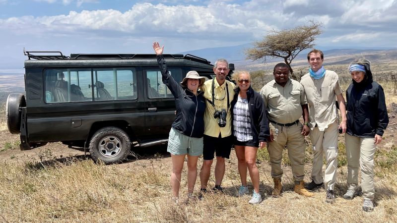 Danielle Elliot. Ngorongoro Crater group pic by safari vehicle, Tanzania