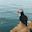 A puffin sitting on a cliff edge overlooking the sea in western Iceland