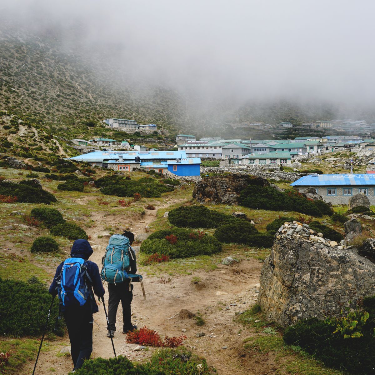 Two Trekkers Walking to Dingboche Village, Everest Base Camp Trek