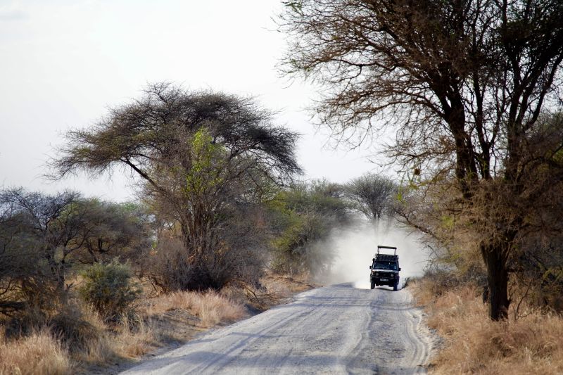 Safari vehicle on dusty dirt road