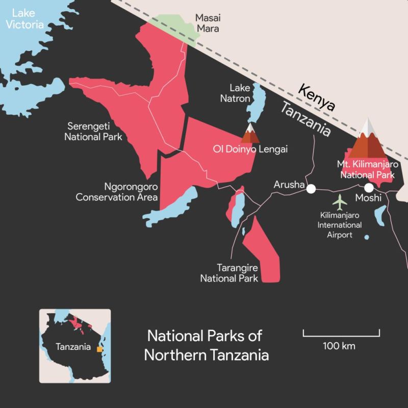 Northern Tanzania national parks map, Lake Natron