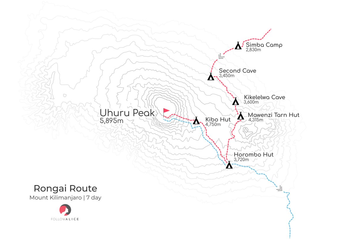 Map of the 7-day Rongai route on Kilimanjaro