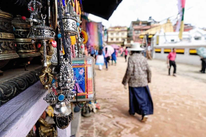 Hanging trinkets in a shop stall in Nepal
