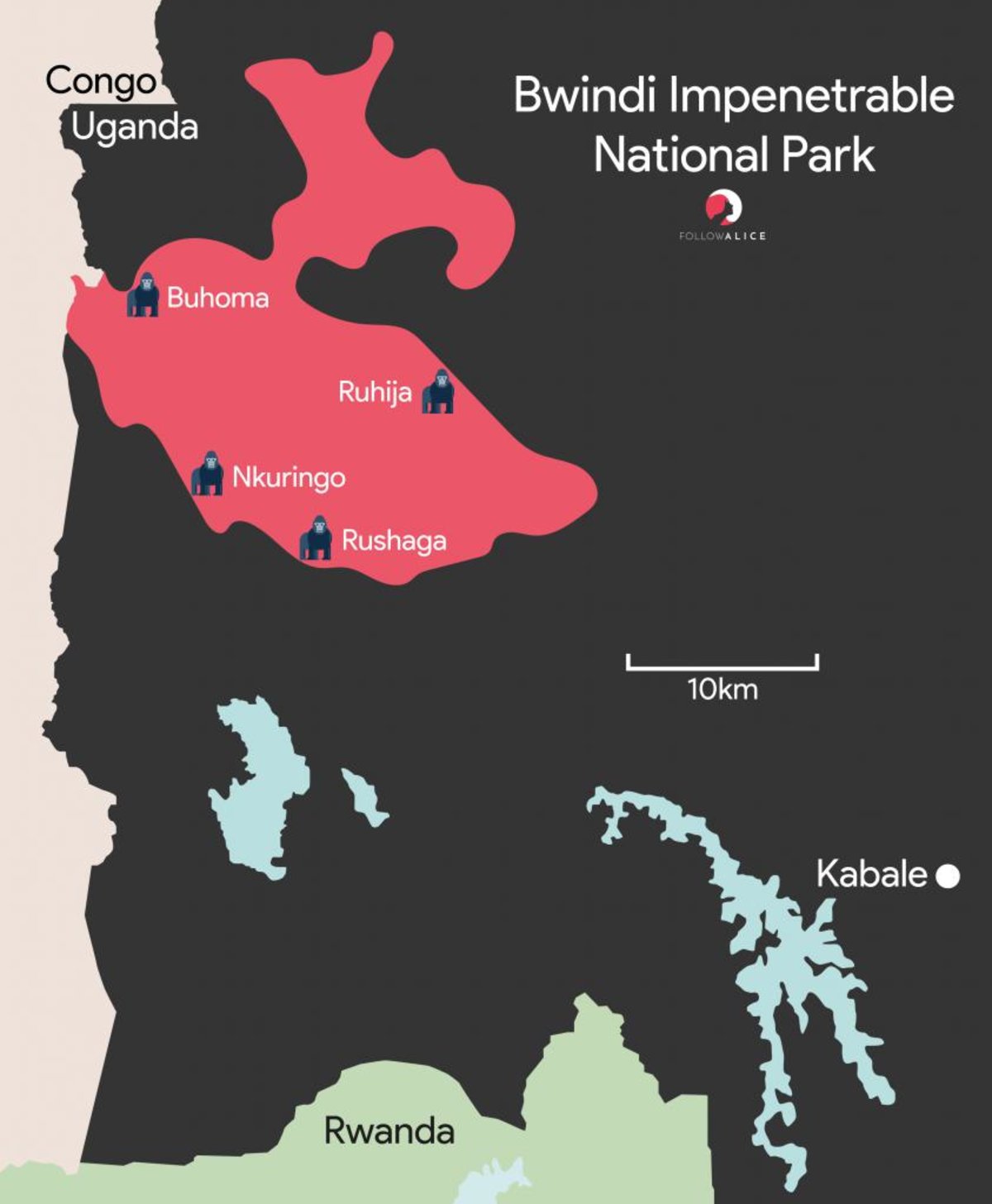 Follow Alice map of the different sections of Bwindi Impenetrable National Park in western Uganda