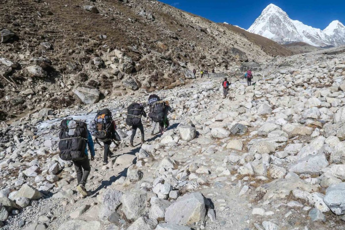 Trekkers surrounded by snow-capped peaks on the Everest Base Camp Trek
