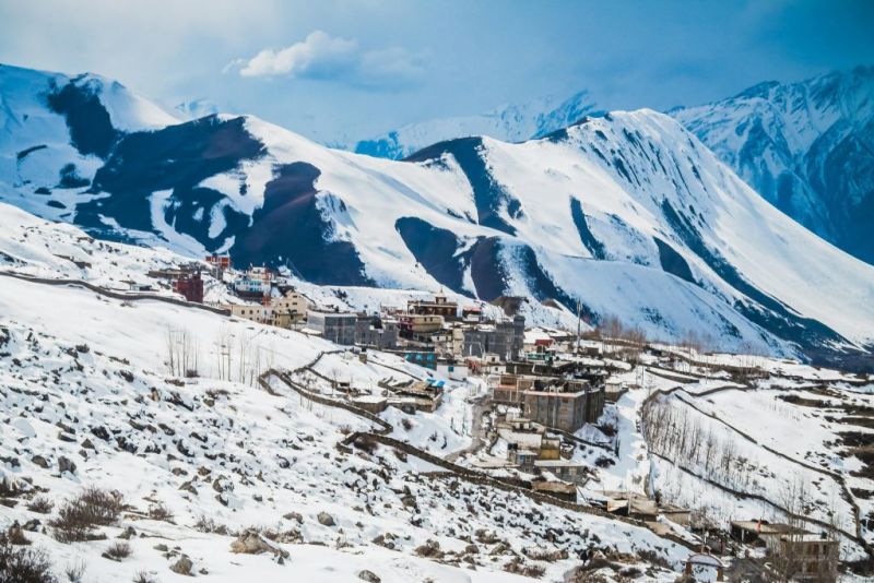 Muktinath Valley and its village in Nepal covered in snow
