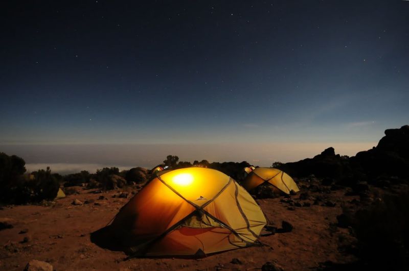 Dome tents on Kilimanjaro at night