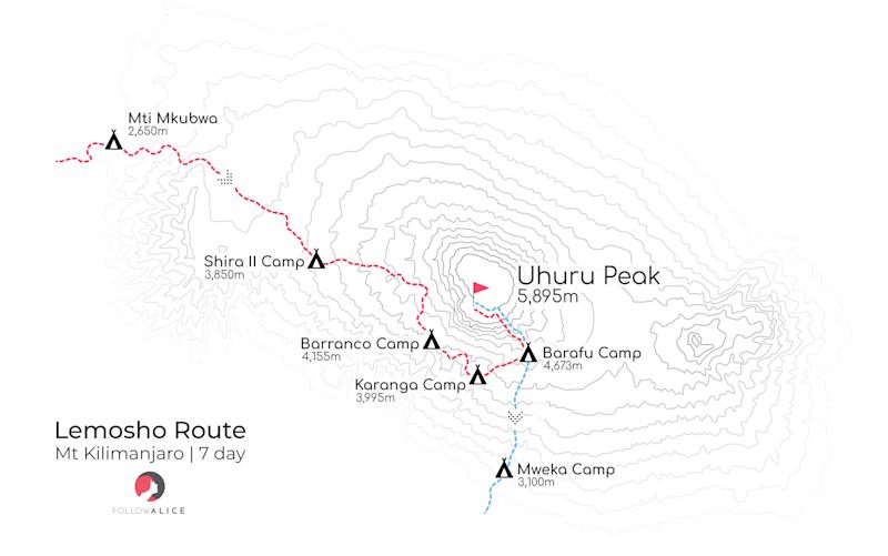 Map of 7-day Lemosho route