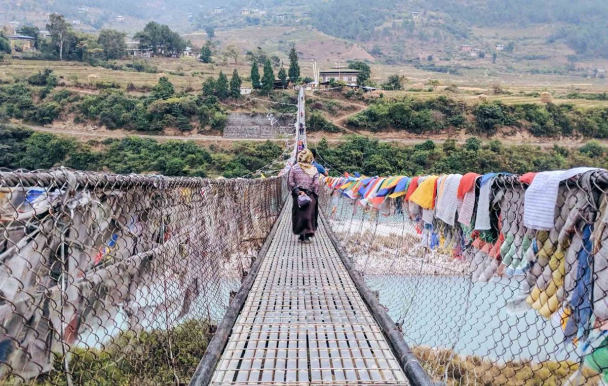 Prayer flags on bridge in Bhutan