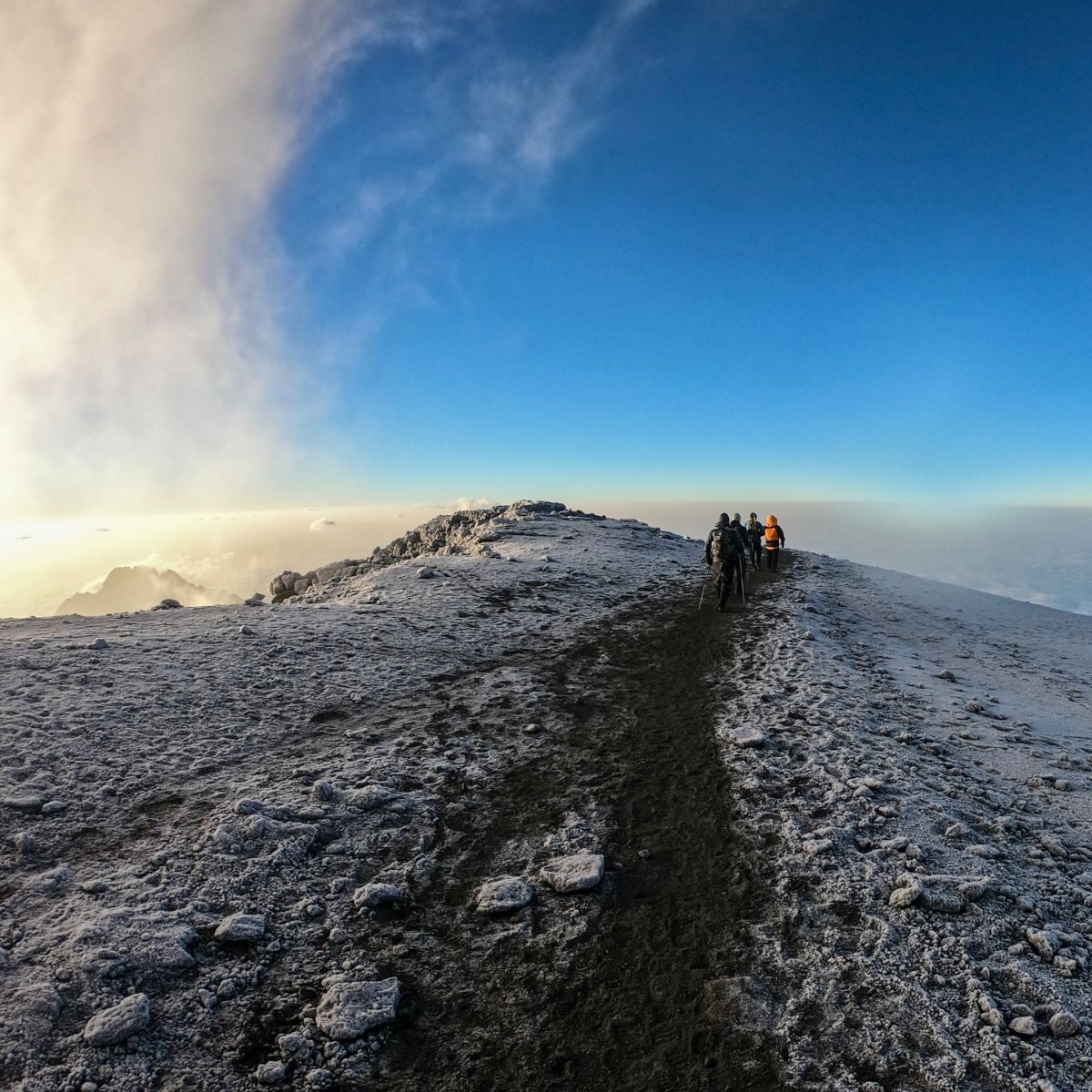 Trekkers walk a trail through snow-encrusted scree at the summit of Mount Kilimanjaro with a blue morning sky overhead