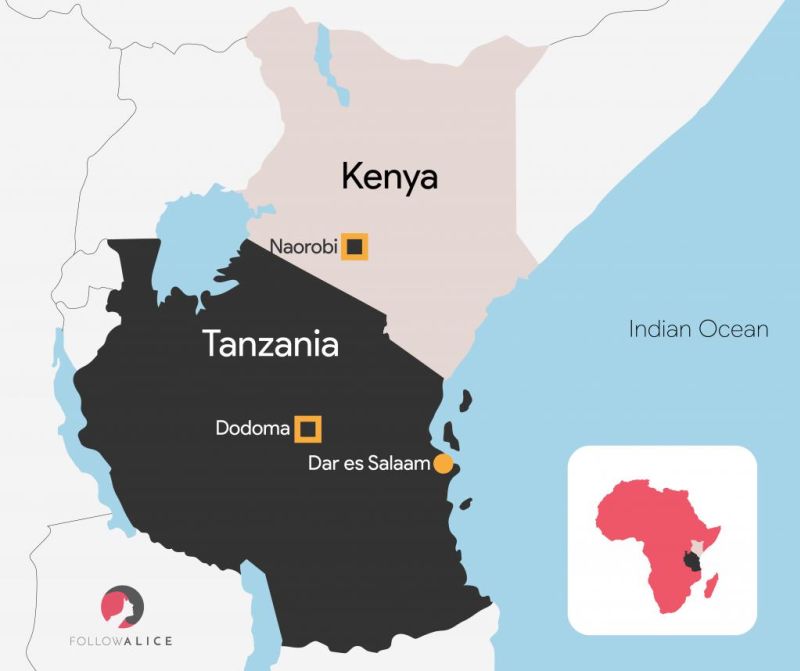 Map of Kenya and Tanzania showing their position in East Africa