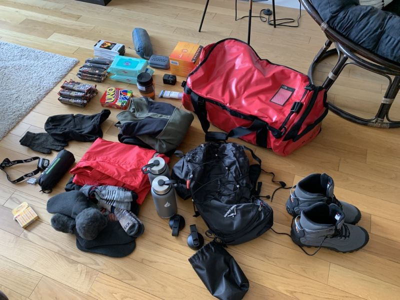 Trekking gear for EBC trek on floor 