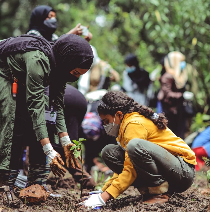 Muslim mother and daughter with face mask planting a tree