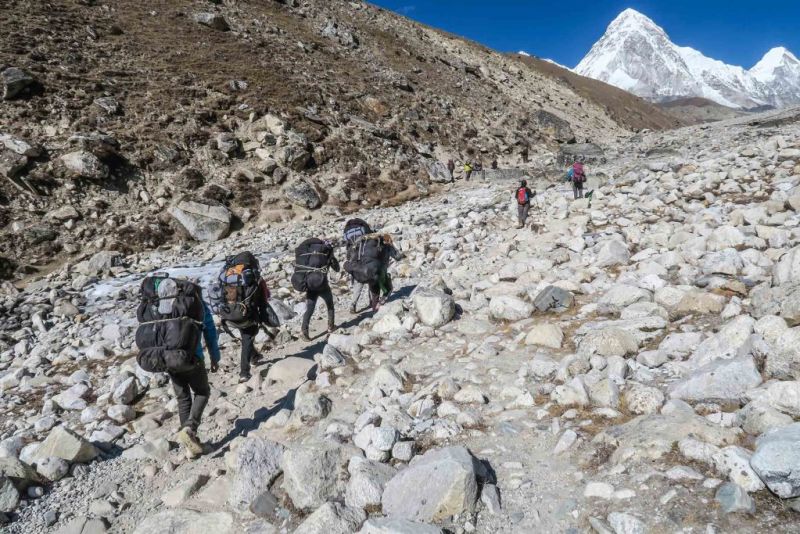 Trekkers surrounded by snow-capped peaks on the Everest Base Camp Trek