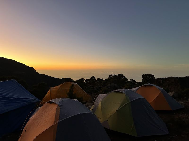 Sunrise over Barranco Camp tents on Kilimanjaro