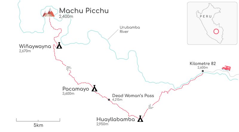 Map of the Classic Inca Trail in Peru
