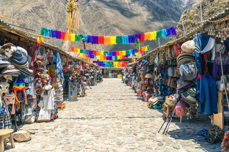 A colourful street in the artisan market in Ollantaytambo near Cusco in Peru