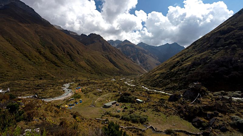 Jangothang Base Camp in spring, near Mt Jomolhari, as seen from from above, Himalayas in Bhutan