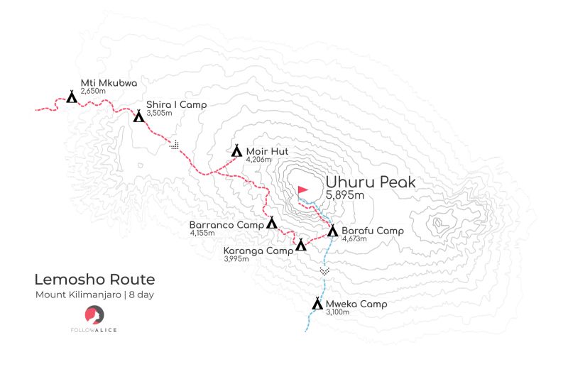 Lemosho 8-day route map Kilimanjaro
