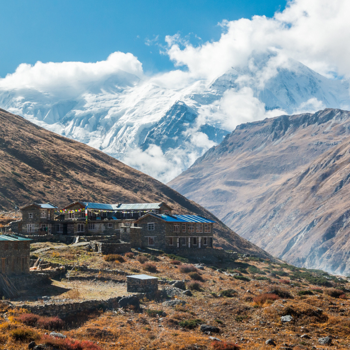 Traditional tea house resort in the mountains. Yak Kharka, Annapurna circuit.