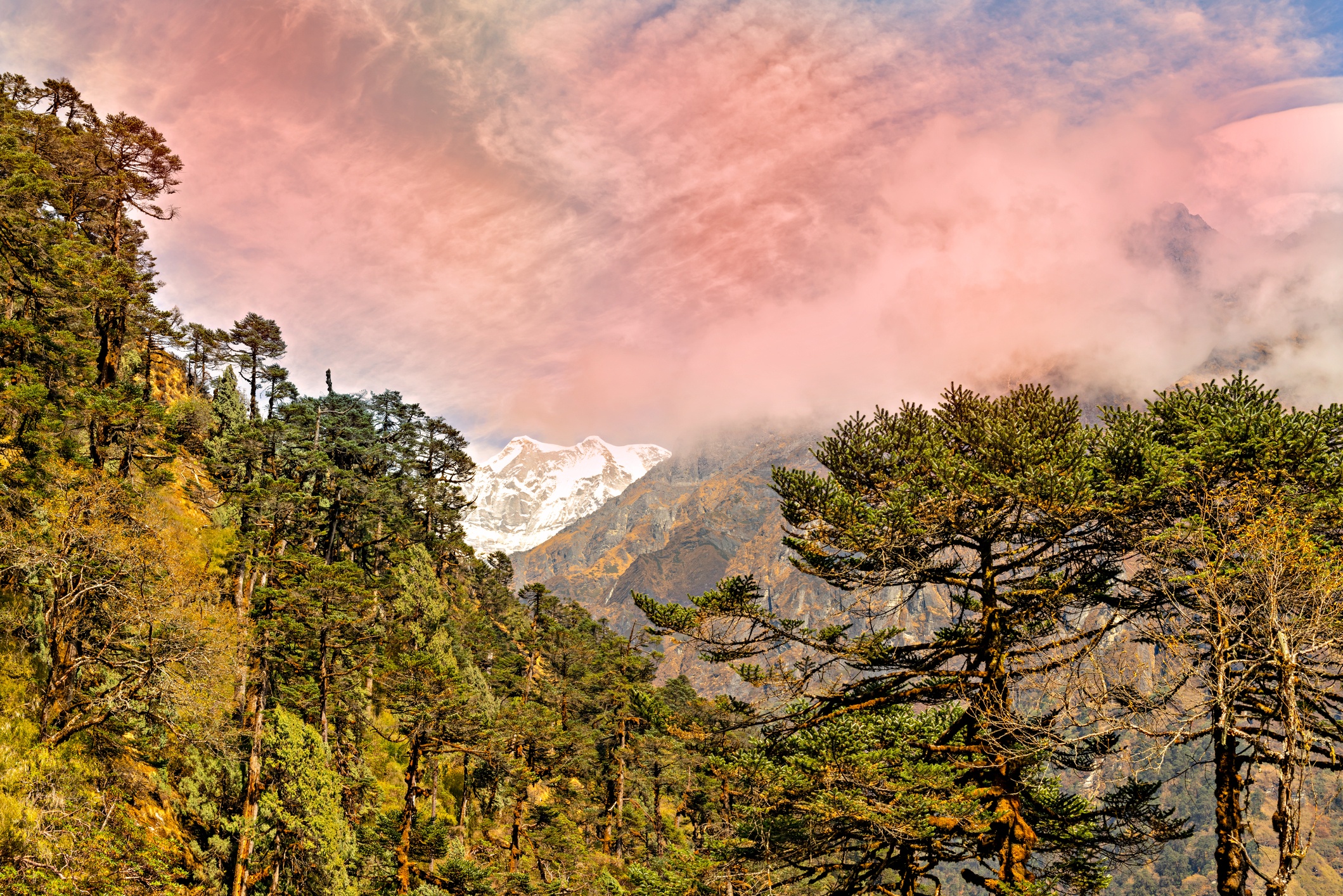View at the Himalayan mountains landscape on the trek from Chatra Kola to Kothe it is on trekking route to Mera peak in Nepal