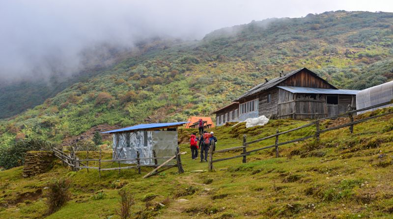 Annapurna Circuit trekkers and teahouse, Nepal