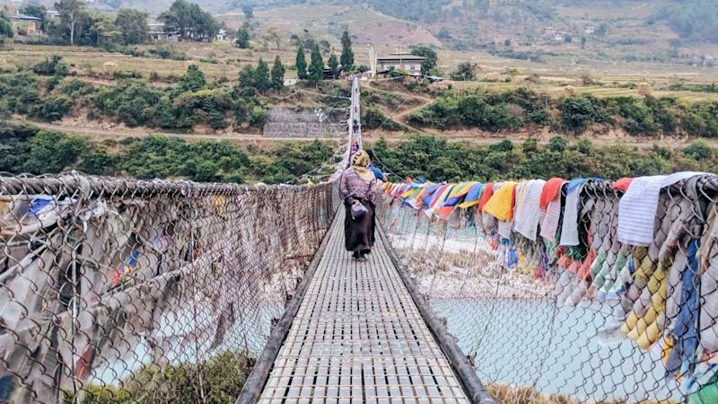 Prayer flags on bridge in Bhutan