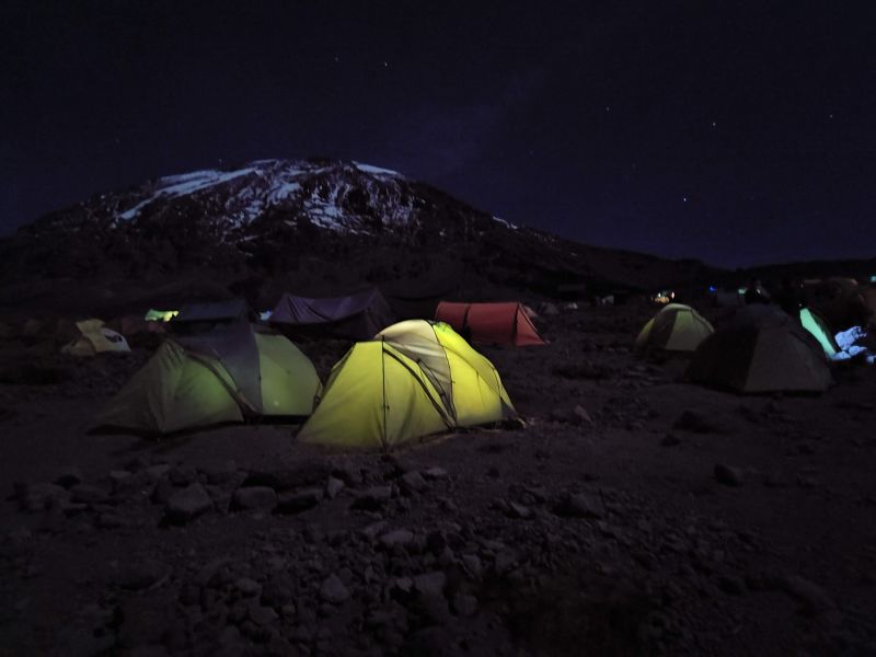 Karanga Camp with Uhuru Peak in background at night, Kilimanjaro