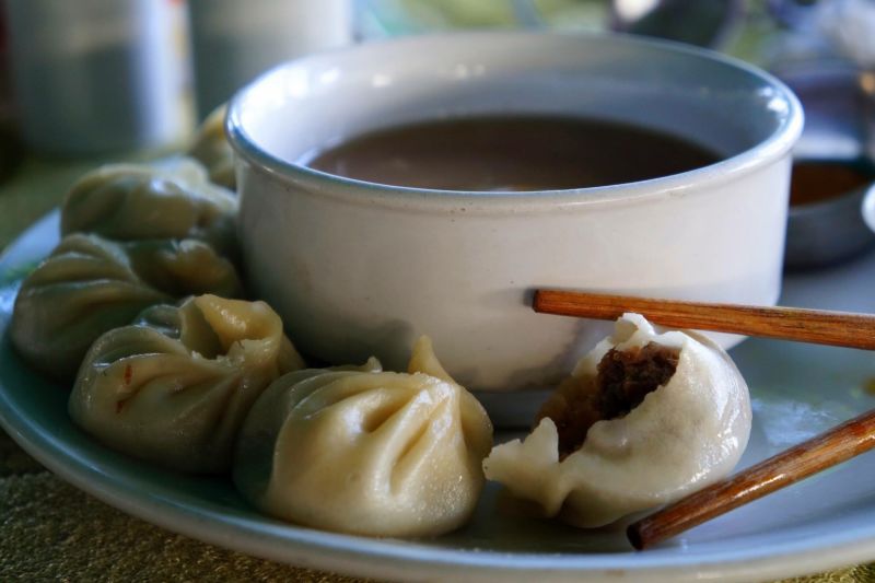 Beef-filled momos served with soup, Bhutanese cuisine