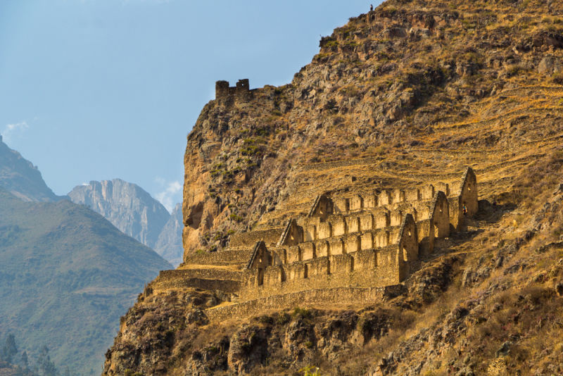 Pinkuylluna, Inca storehouse, on mountainside in the Sacred Valley during dry season, Ollantaytambo, Peru